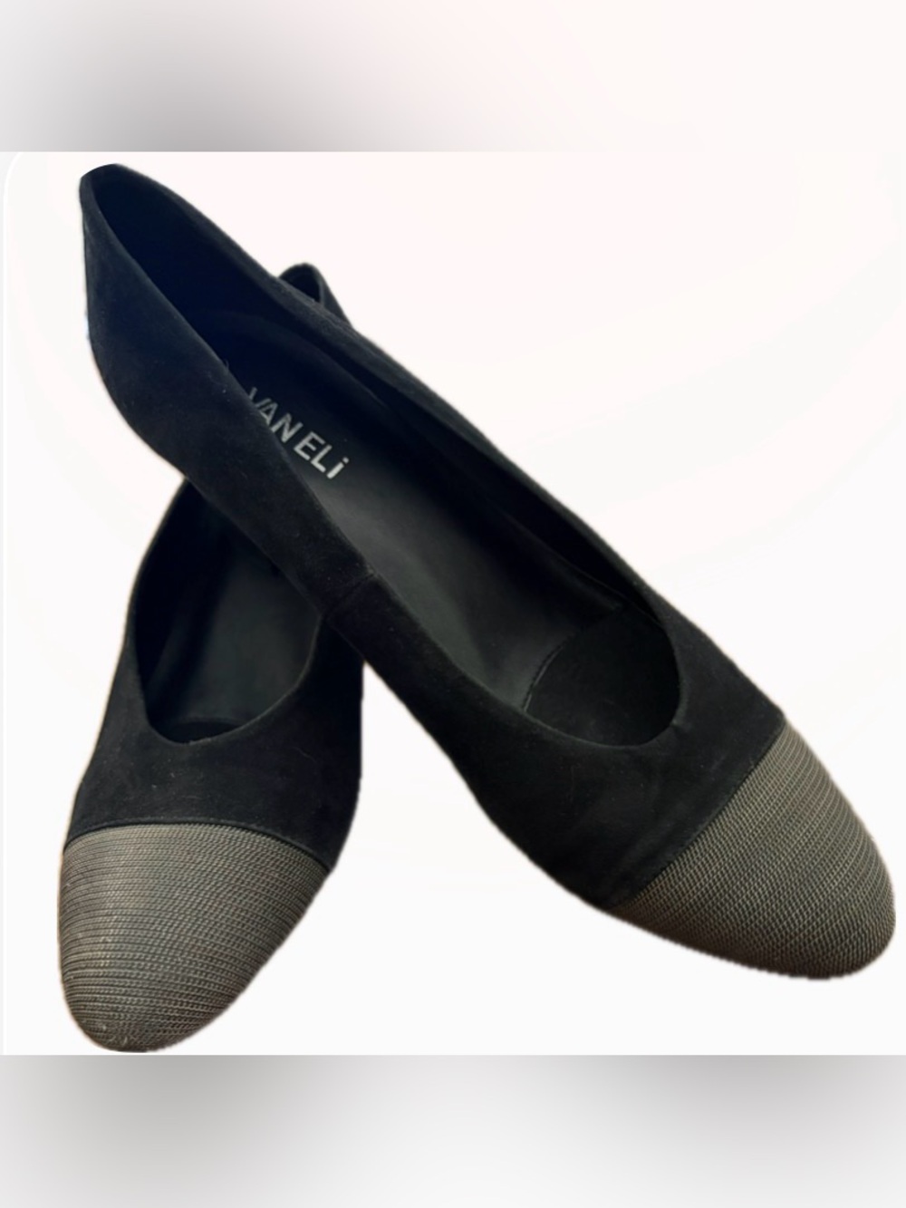 VANELi Black Suede Metallic Cap Toe Block Heel Pumps 10M NEW